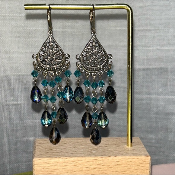 Hand Crafted Jewelry - Handmade Sterling silver boho earrings w/ Swarovski crystals in charcoal & aqua